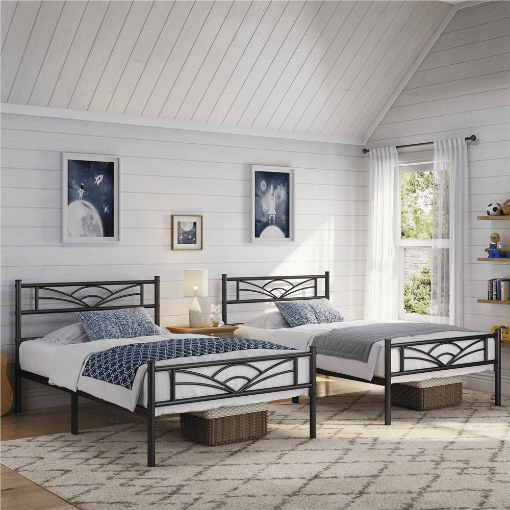 Fullfurnique Cadre de Lit Plateforme en Métal avec Tête de Lit Inspirée des Nuages, Double, Noir