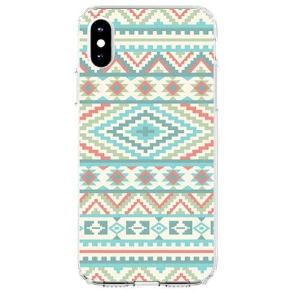 DistinctInk Clear Shockproof Hybrid Case for iPhone XS Max (6.5" Screen) - TPU Bumper, Acrylic Back, Tempered Glass Screen Protector - Blue Orange White Tribal Print