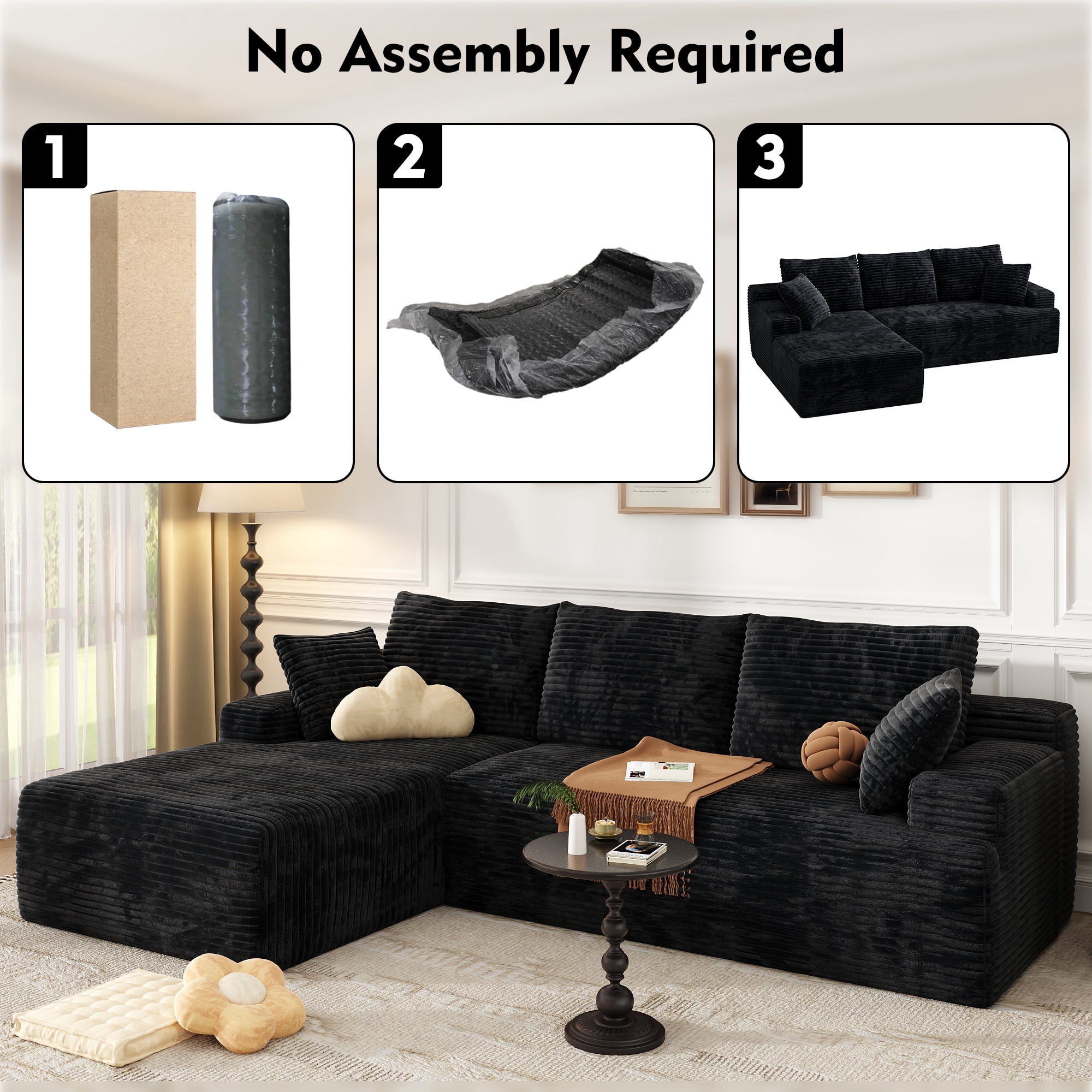 104" Modular L-Shaped Sectional Sofa with Chaise - No Assembly Required Boneless Corduroy Couch, High Resilience Foam, Deep Black