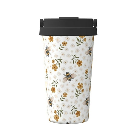 

Xecao Bees And Flowers Pattern Insulated Coffee Mug with Handle & Flip Thermos Mug Water Bottle Coffee Tumbler Cup