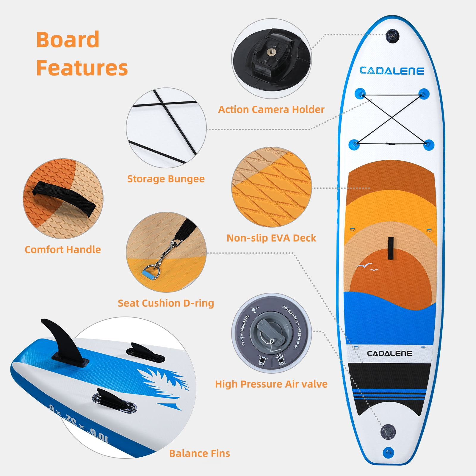 Cadalene 10'6" Inflatable Stand Up Paddle Board with Premium SUP Accessories,Built-in Camera Mount,for All Skill Levels