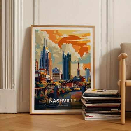 Nashville Tennessee Skyline Retro City Wall Art, Unframed Canvas 8x10in