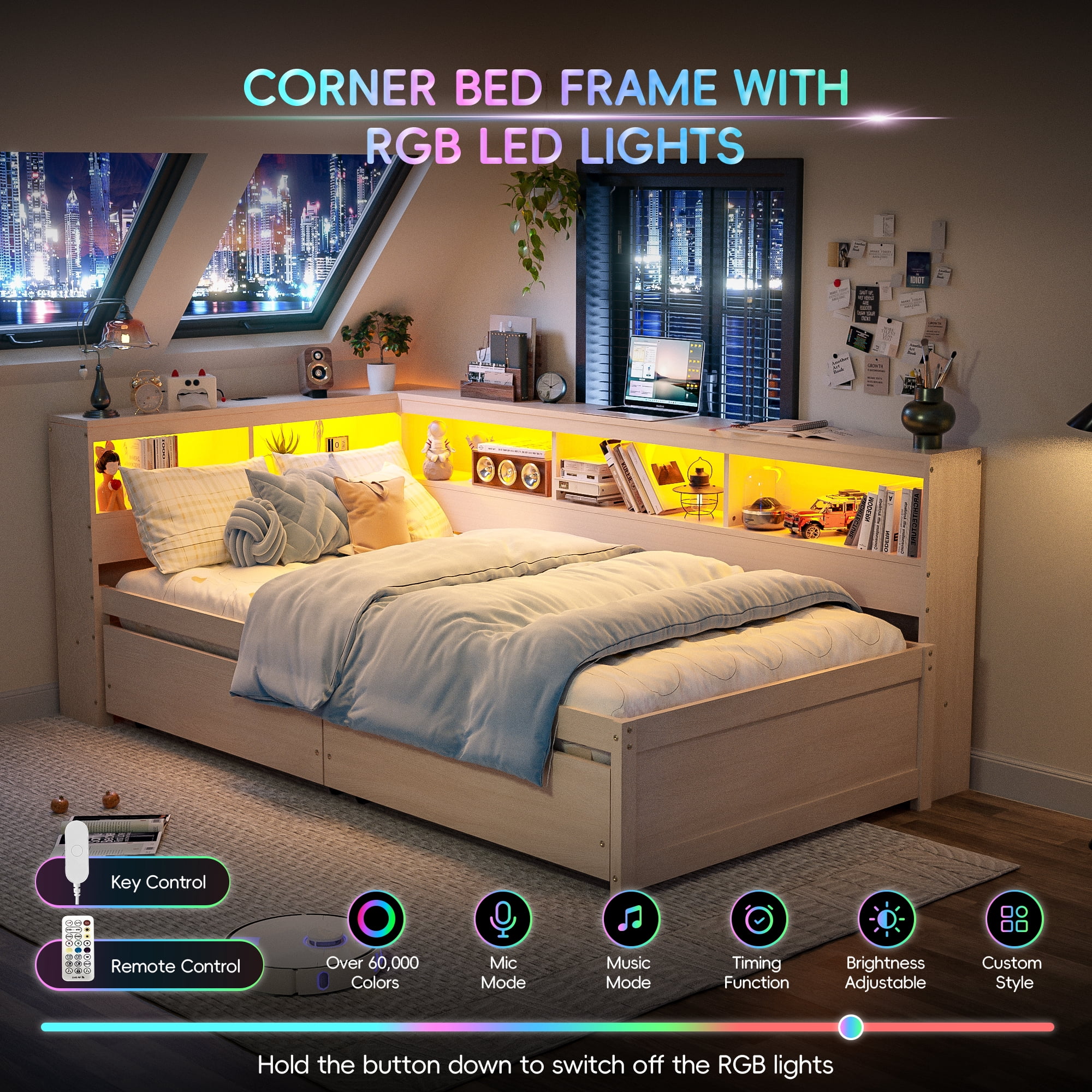 Joywind Twin Corner Bed Frame with Storage Drawers, Bookcase Headboard, Charging Station & LED Lights,Natural