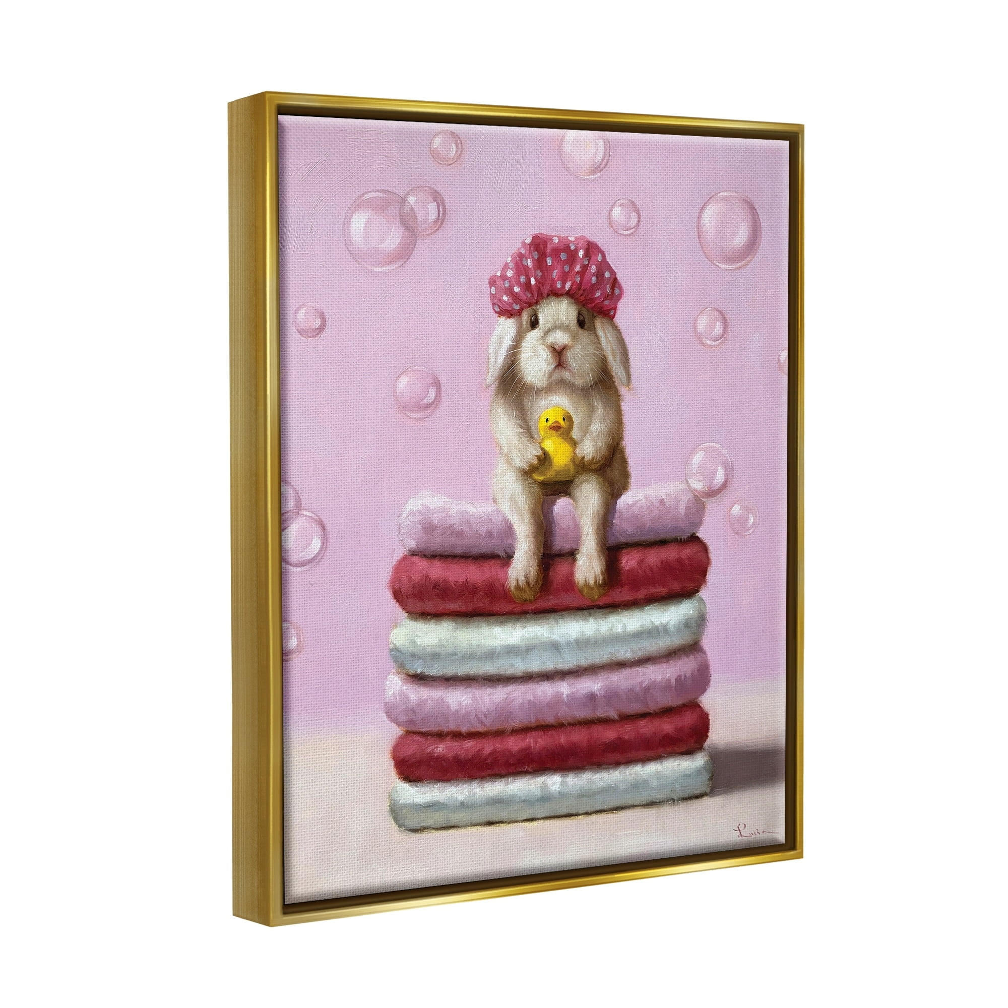 Stupell Industries Cute Baby Rabbit on Bath Towels Soap Bubbles Metallic Gold Framed Floating Canvas Wall Art, 24x30, by Lucia Heffernan