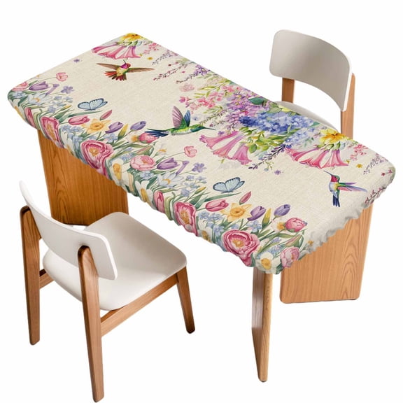 Watercolor Flowers Table Cloths for 6 Foot Rectangle Tables, Spring Hummingbird Butterflly Floral Beige Patio Waterproof Elastic Fitted Tablecloths, Washable Rectangular Table Cover for Camping