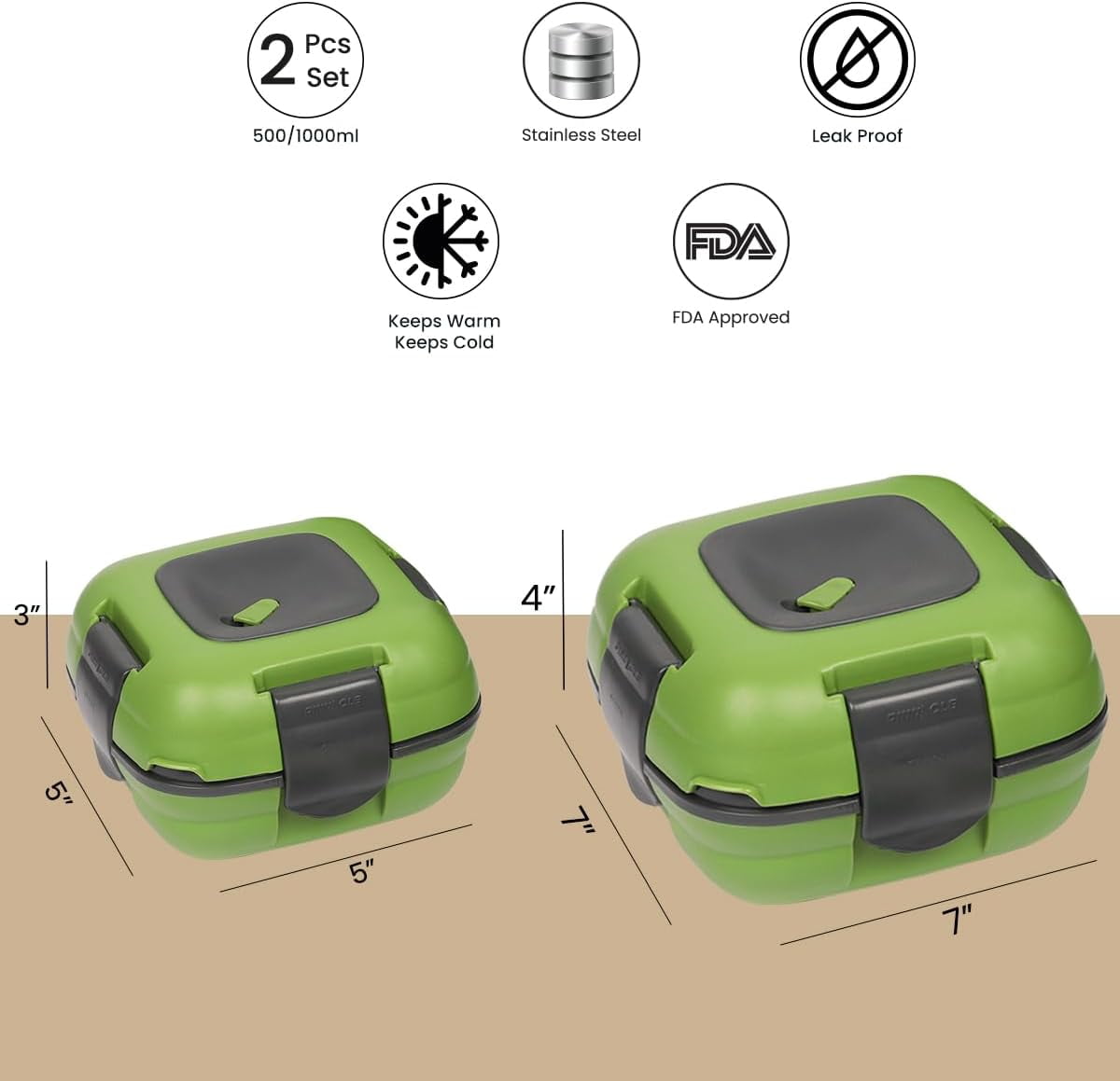 Pinnacle Thermoware 2-Pc Leak Proof Insulated Lunch Box Hot Food Container Set, Green