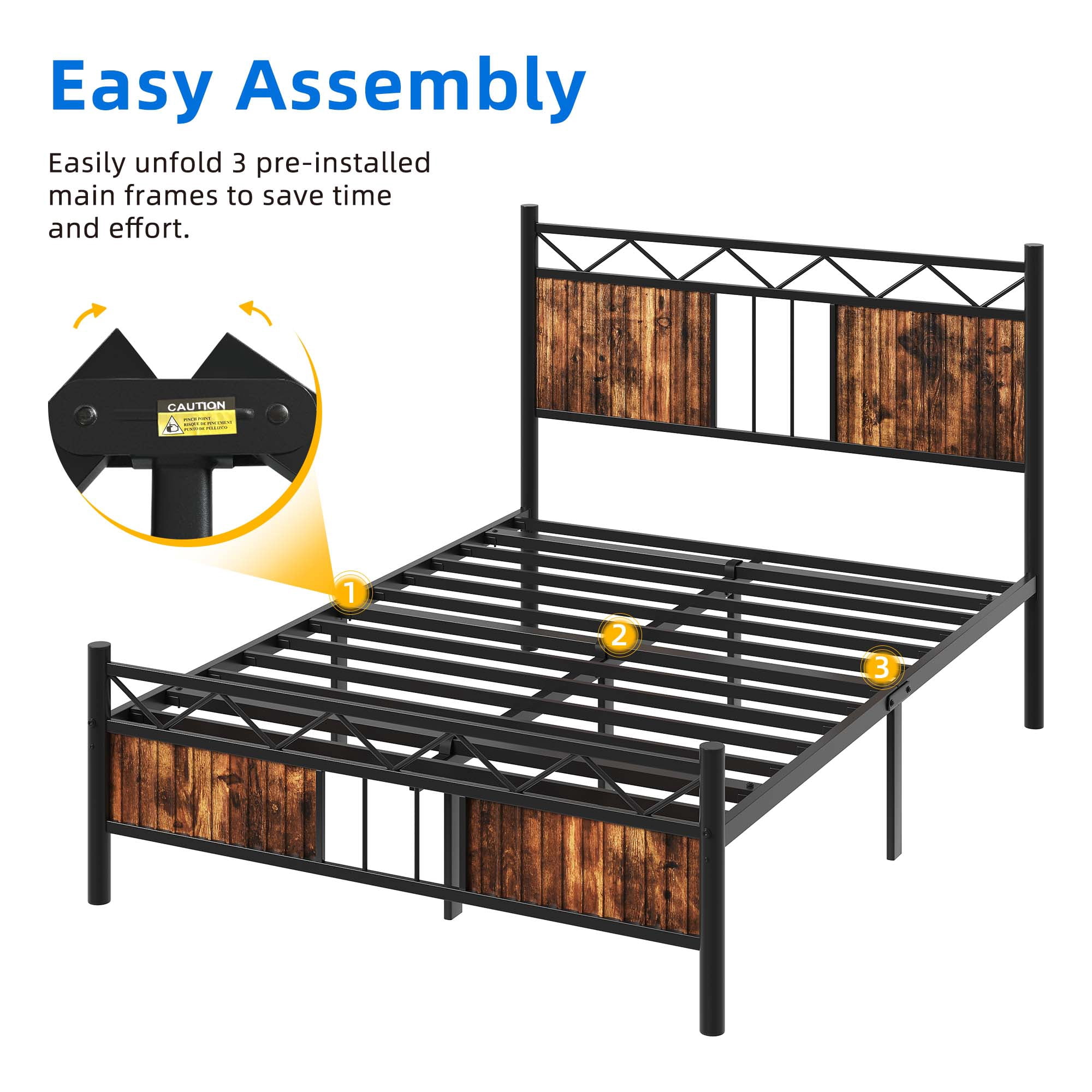DEXTRUS Industrial Full Size Platform Metal Bed Frame with Headboard & Soundproof, Black and Brown