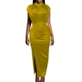 thumbnail image 2 of Neinkie Party Dress Tight Waist Sheath Dress Slim Fit High Split Solid Color Breathable Soft Half-high Collar Short Sleeves Evening Dress Wedding Dress, 2 of 9