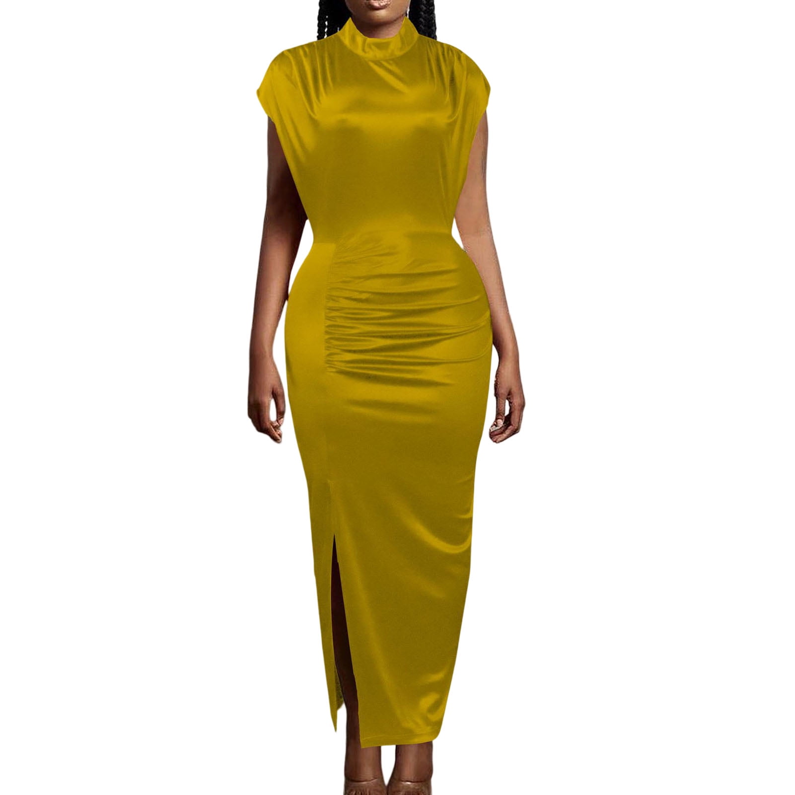 Neinkie Party Dress Tight Waist Sheath Dress Slim Fit High Split Solid Color Breathable Soft Half High Collar Short Sleeves Evening Dress Wedding Dres