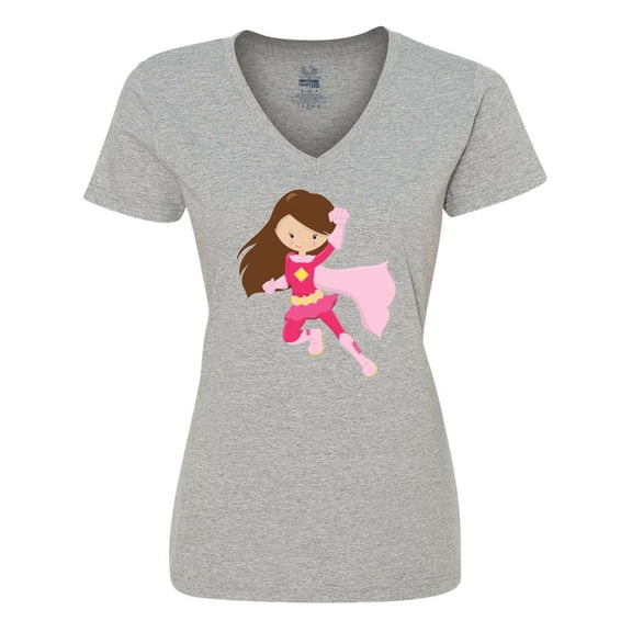 Inktastic Superhero Girl, Cute Girl, Brown Hair, Pink Cape Women's V-Neck T-Shirt