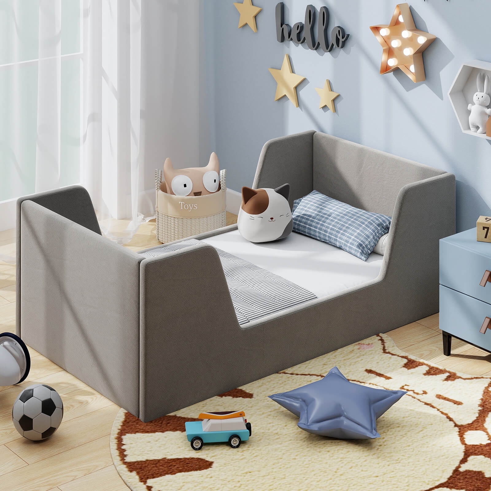 Costway Soft Velvet Fabric Upholstered Children Floor Bed with Safety Rails & Headboard Gray