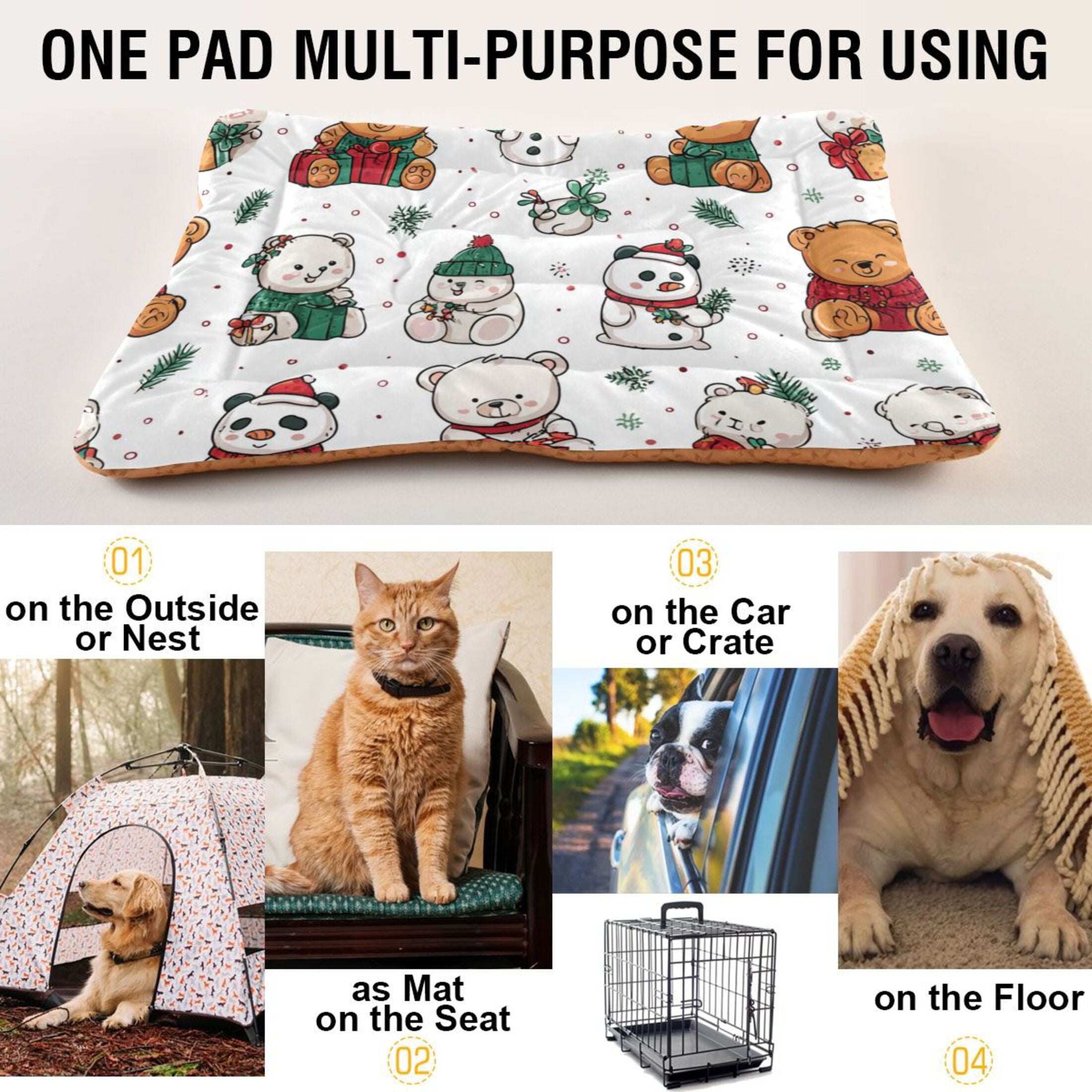 Cozy Mat Pet Bed Indoor Outdoor Warm Soft For Cat Dog Puppy(S/M) Bear Snowmen Polka Dots