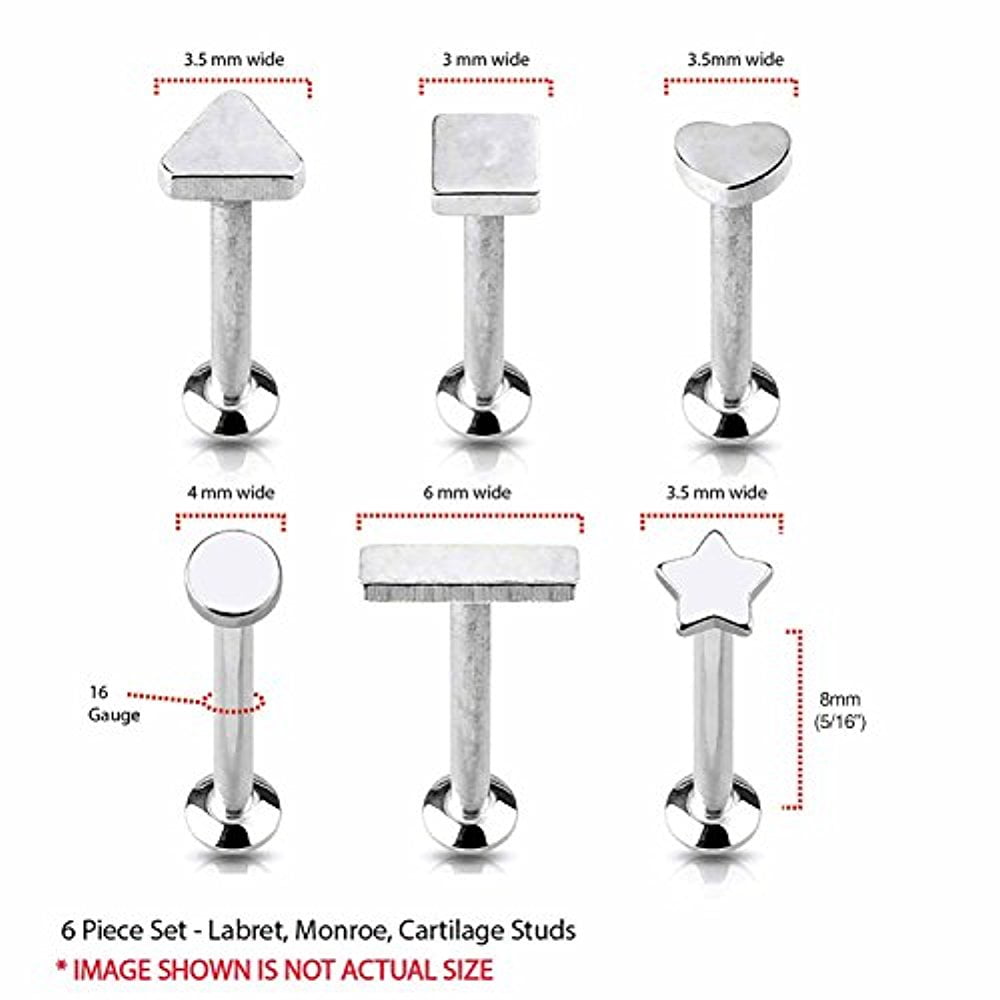 BodyJ4You Piercing Labret Stud Star Tragus Helix Earring Goldtone Stainless Steel 4mm-8mm Bar Length
