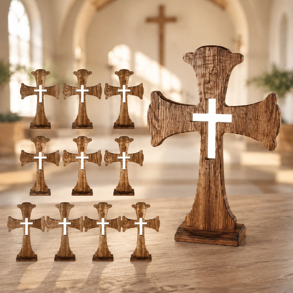 10 Pcs Rustic Wooden Standing Crosses with Base, Dark Brown Hollow Tabletop Cross Decor, Handmade Wood Religious Display for Home Prayer Room, Wedding Ceremony, Christmas Gift and Church Decoration