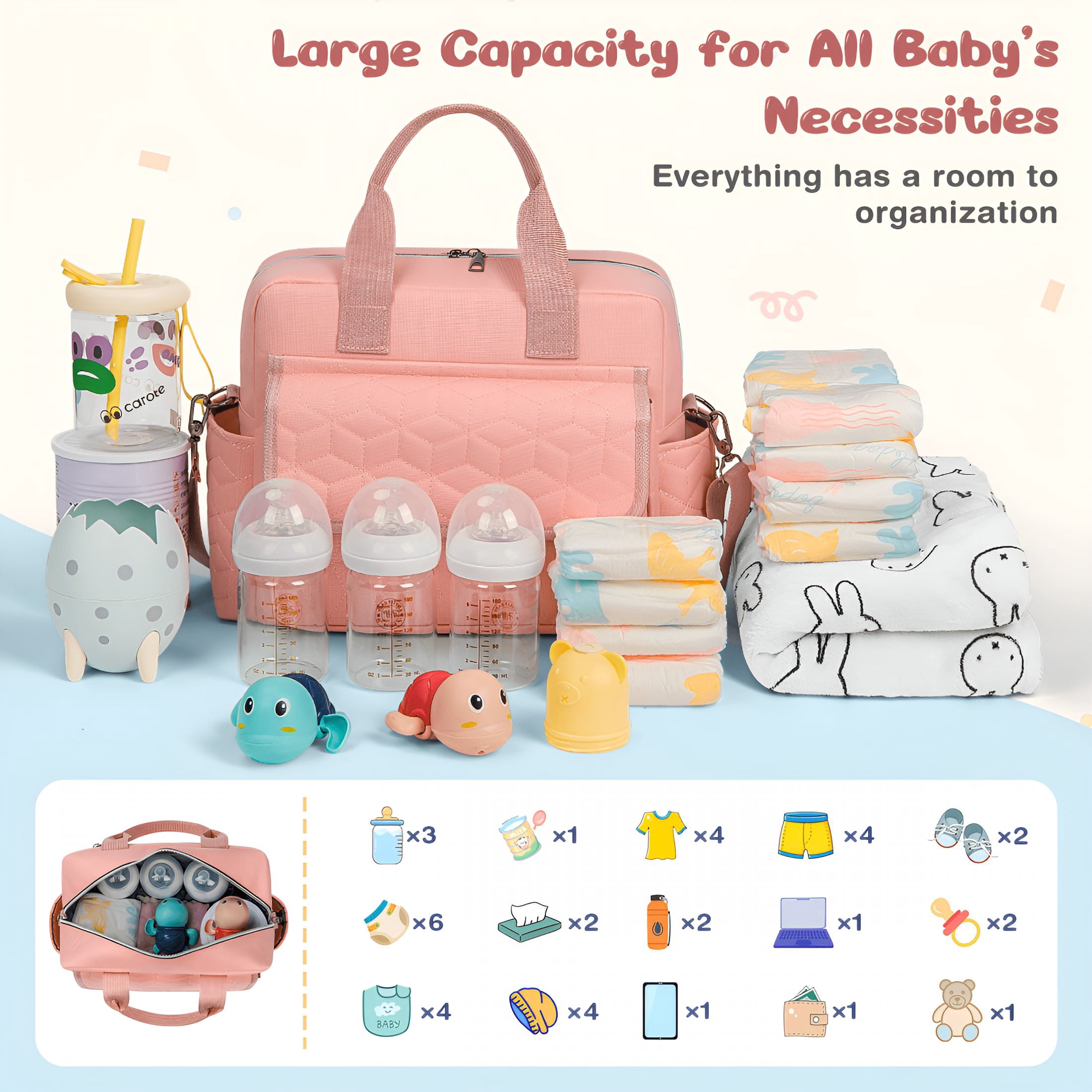 GASTROPOD 2026 New Diaper Bag Tote,Multifunction Baby Diaper Bag with 3 Insulated Pockets,Dry&Wet Compartment,Crossbody Travel Maternity Bag for Mom Dad,Lightweight Shoulder Mommy Bag(Pink)