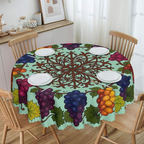 Grape Fruit Floral Garland Round Tablecloth Waterproof Oil-Proof Plastic Table Cloth Stain-Resistant Wipeable 60" for Camping, Dining, Indoor and Outdoor
