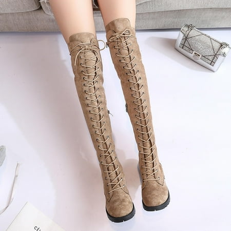 

OKBOP Womens Low Heel Over-The-Knee Boots-Thigh High Christmas Lace-Up Hiking Boots Women Waterproof Retro Winter Boots for Women Clearance Khaki