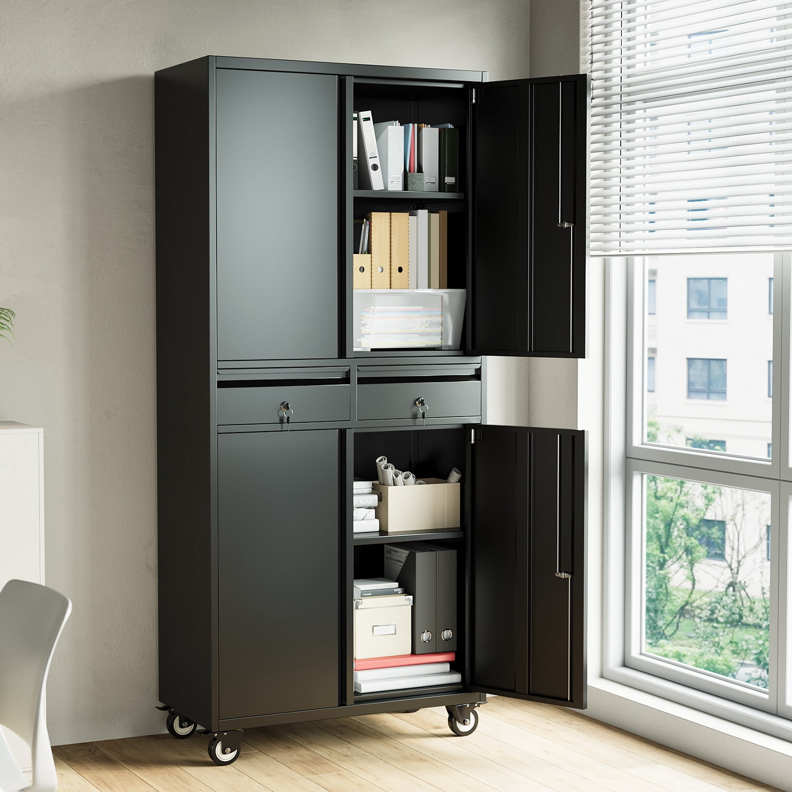 Heavy Duty 73'' Metal File Cabinet for Office & Workshop, 2 Drawers, Locking Doors, Adjustable Shelves, Mobile Wheels, Secure Steel Storage Cabinet