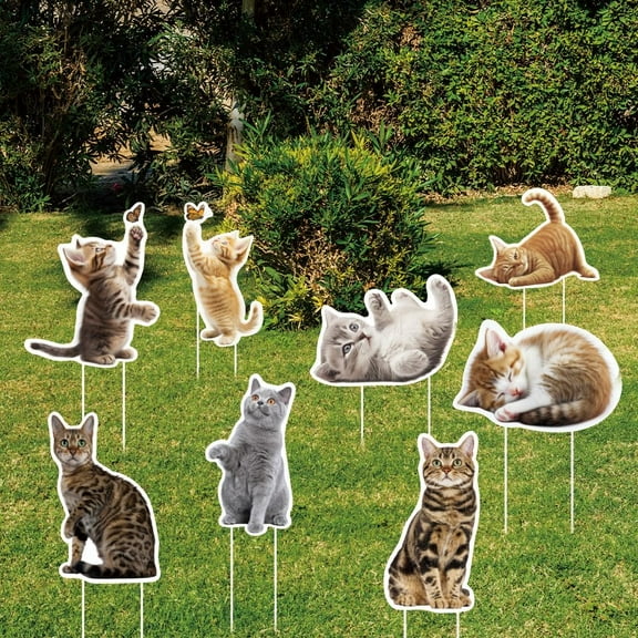 8Pcs Cat Yard Sign with 16 Stakes Cute Kitten Party Lawn Decorations Cat Theme Party Waterproof Sign Yard Outdoor Lawn Decorative Sign for Garden Lawn Birthday Decoration Mixed Color