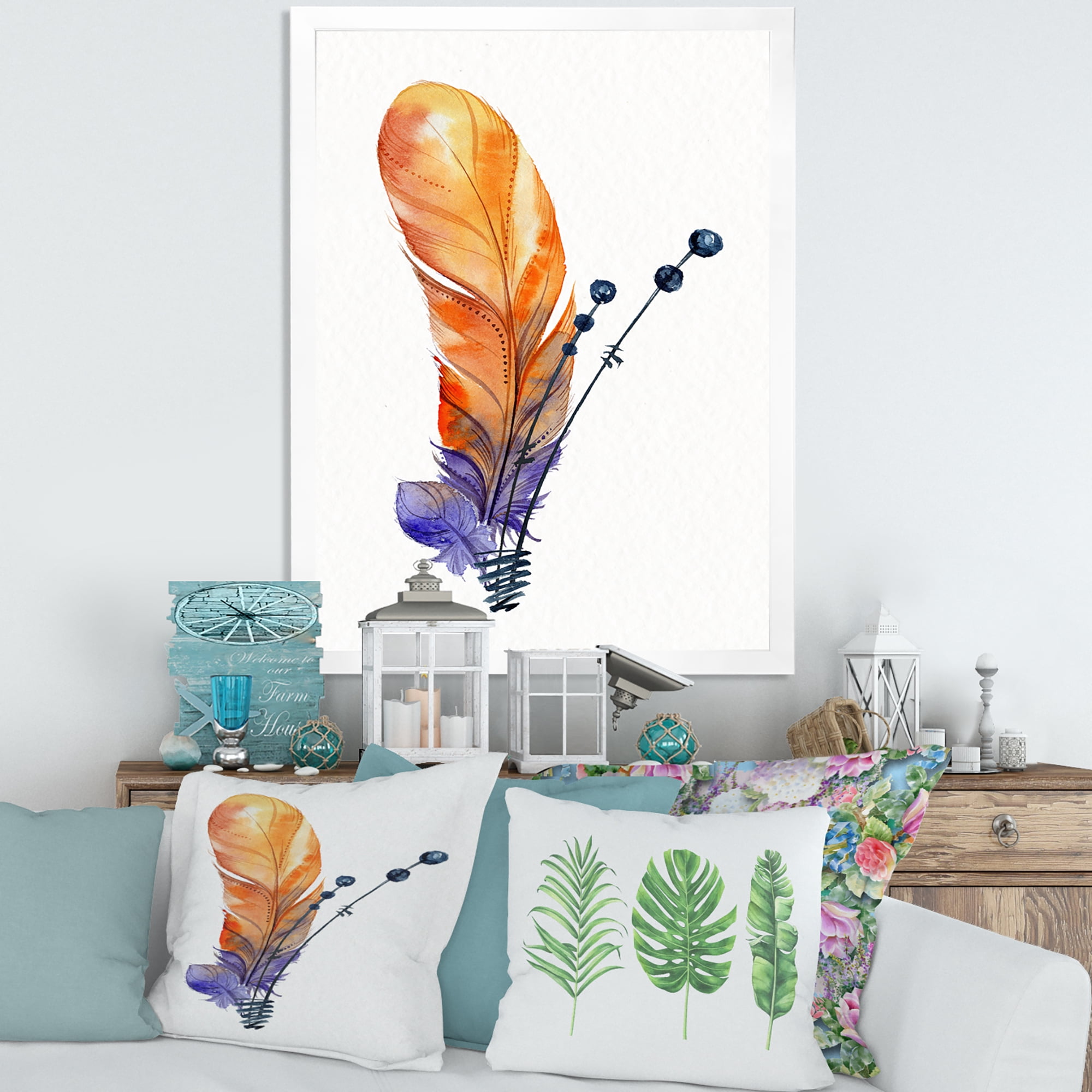 Designart 'Ethnic Orange Animal Feather Composition' Bohemian & Eclectic Framed Art Print