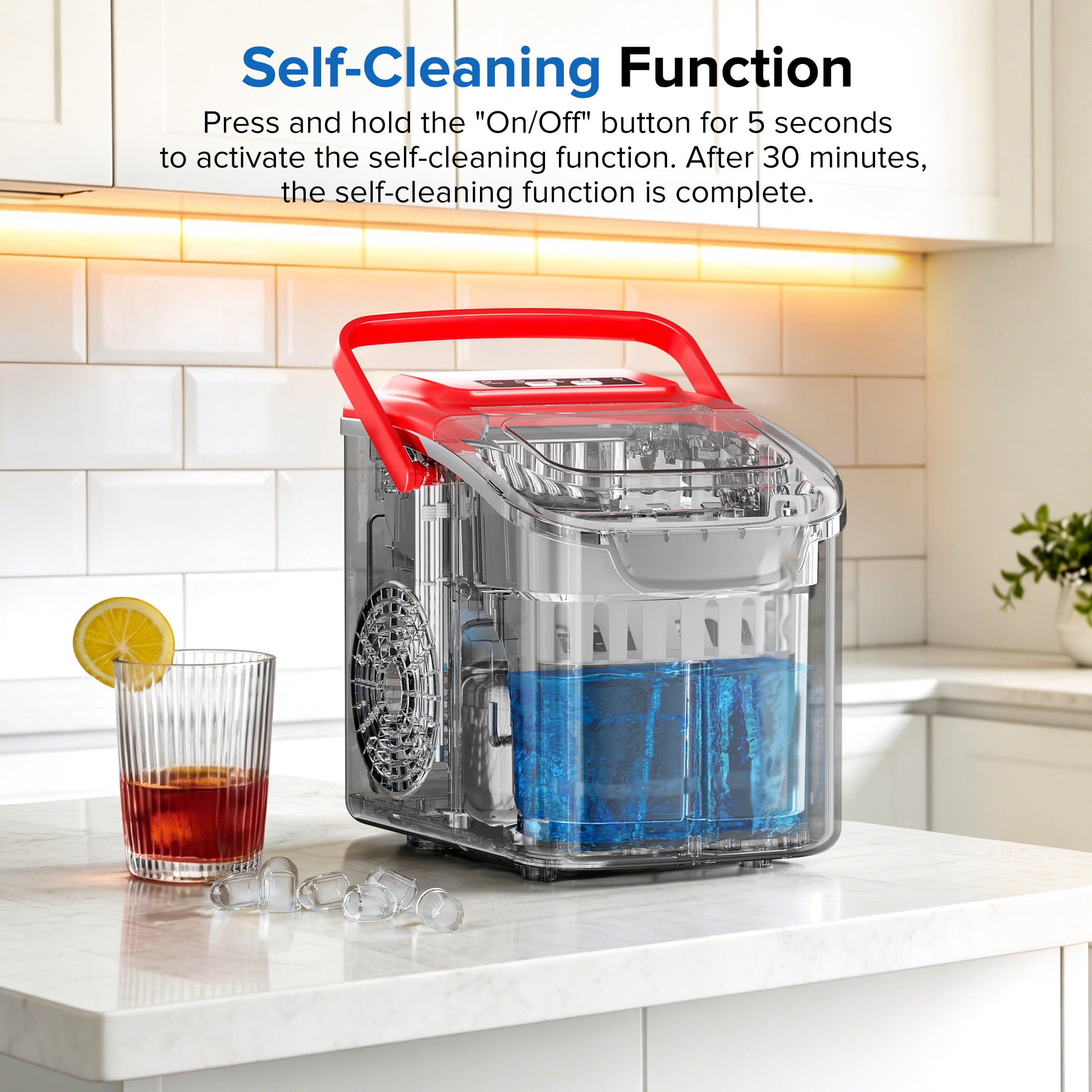 Auseo Countertop Ice Maker Machine 26lbs/24H, 2 Sizes of Bullet Ice, 6 Mins/8 Bullets of ice, Self-Cleaning, Red
