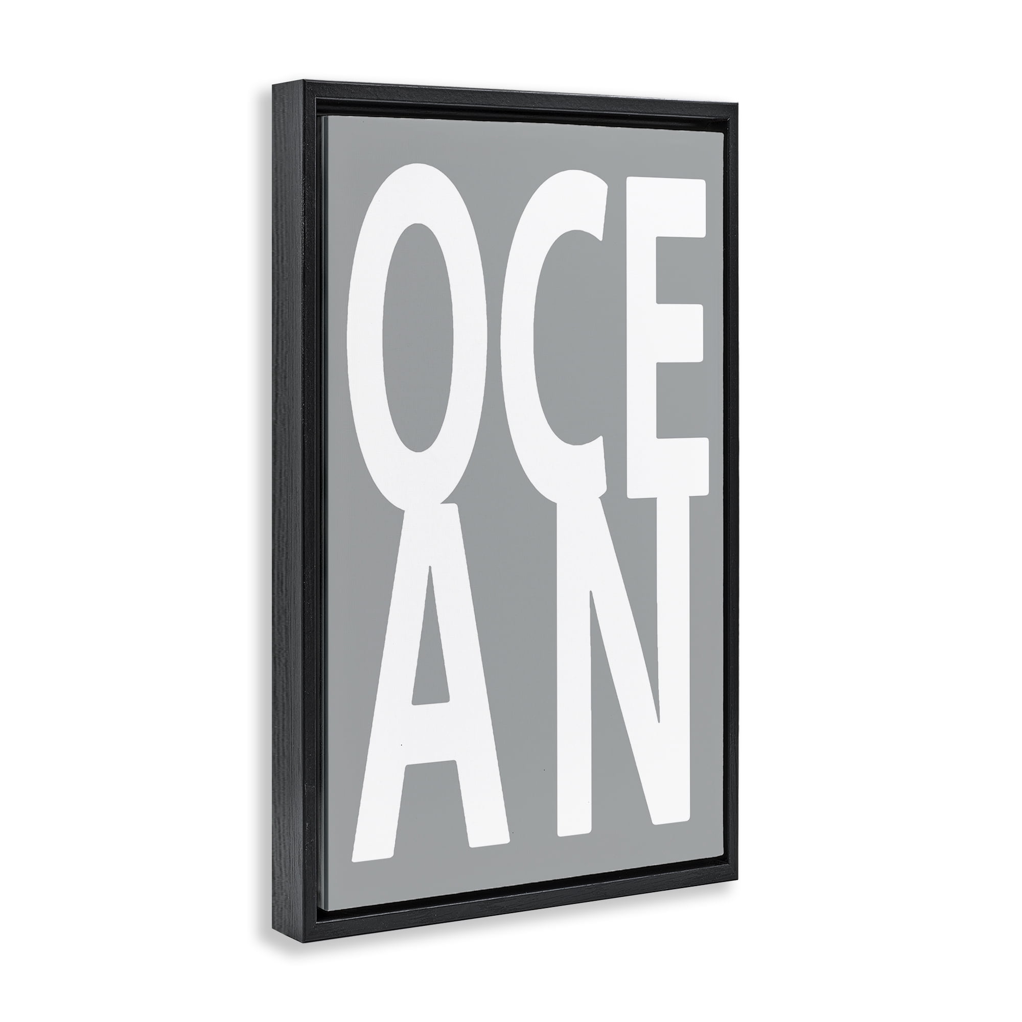 Stupell Industries Ocean Word on Grey Typography Painting Black Floater Framed Art Print Wall Art, 17 x 25