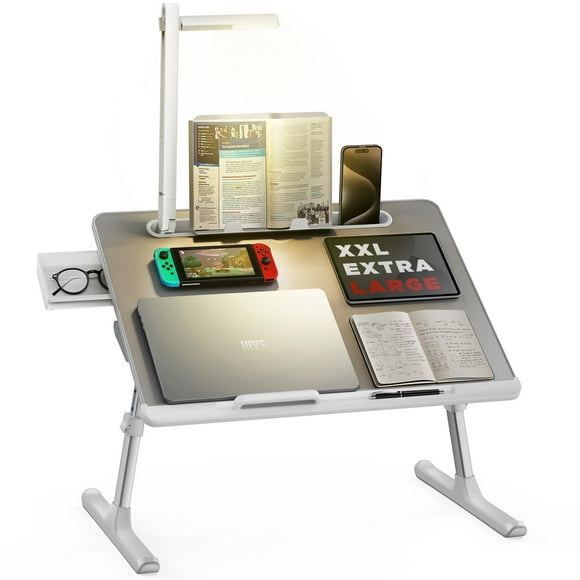 SAIJI Laptop Bed Tray Desk with LED Desk Light, Adjustable Laptop Stand for Bed, XX-Large PVC Leather Foldable Laptop Table with Book Stand, Wrist Rest, Extra Leg Room (Gray)