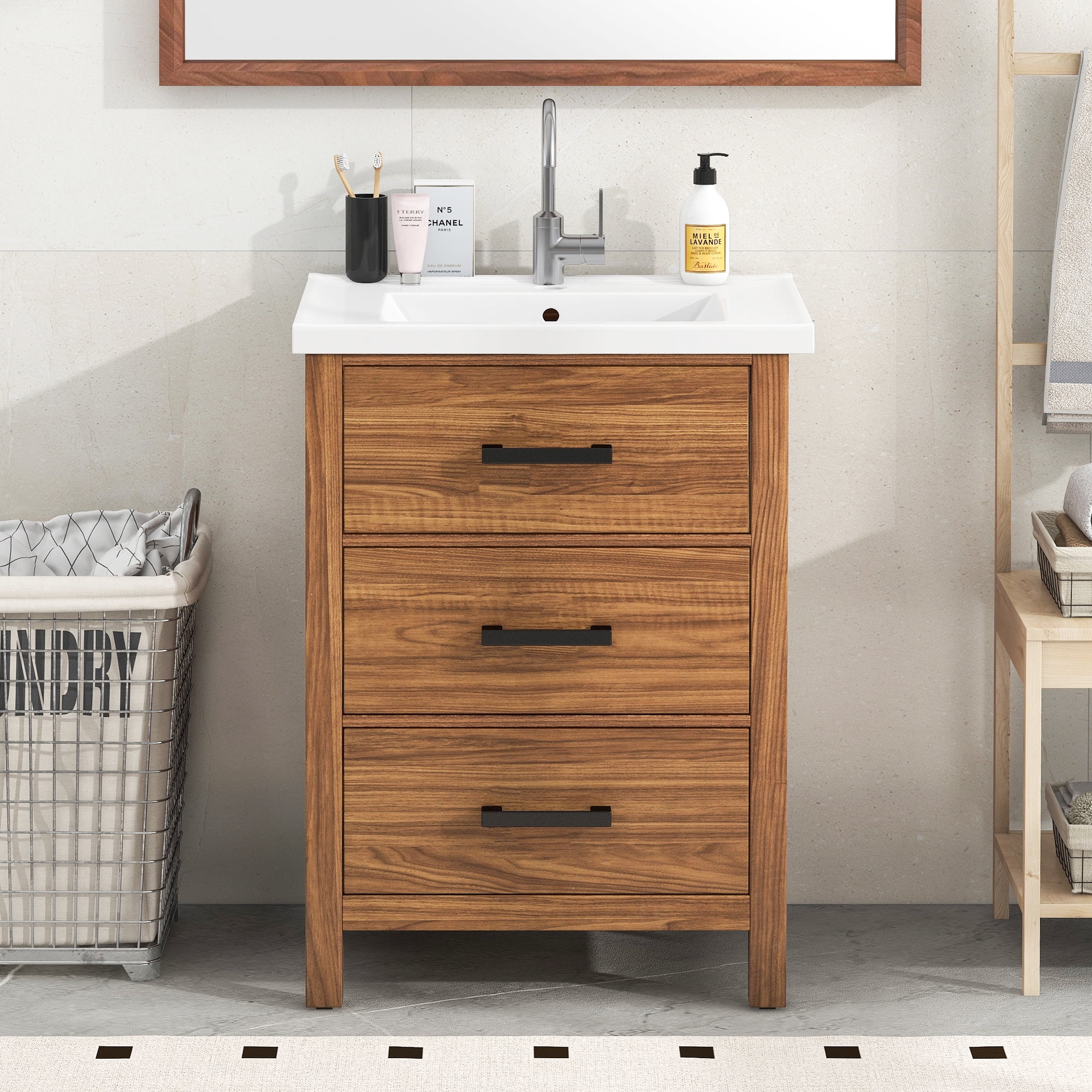 Euroco 24'' Bathroom Vanity with Ceramic Basin Sink, Modern Bathroom Storage Cabinet with 3 Drawers, Freestanding Bathroom Vanity Cabinet with Single Sink