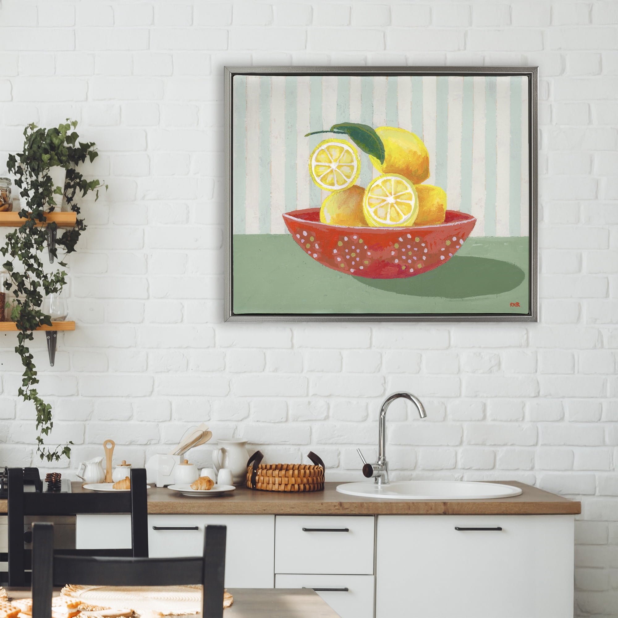 Stupell Industries Sunny Lemons in Red Bowl Gray Framed Floater Canvas Wall Art, design by Rachael Reese