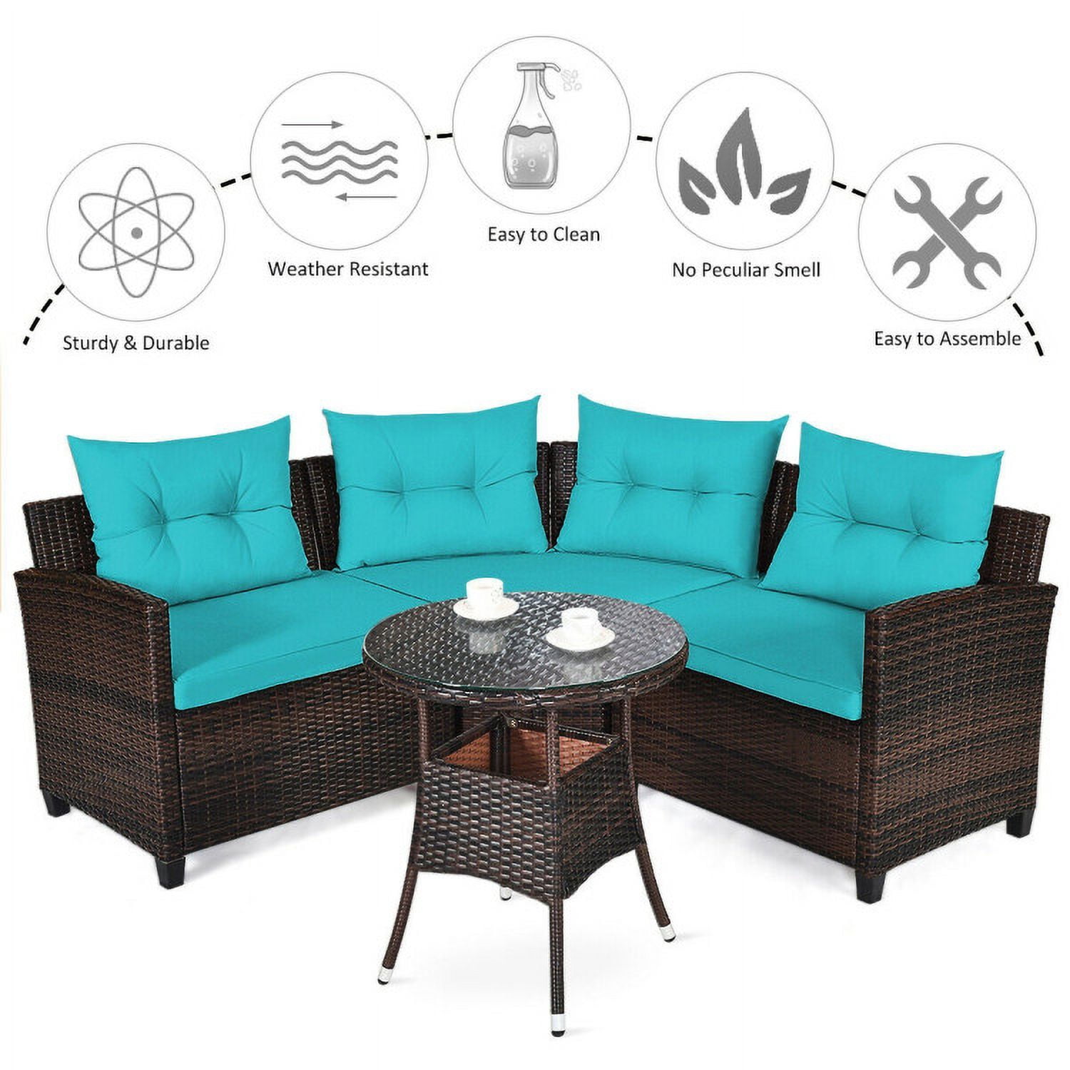 Aimee Lii 4 Pieces Outdoor Cushioned Rattan Furniture Set, Outdoor Deck Furniture, Turquoise Aimee Lii 4 Pieces Outdoor Cushioned Rattan Furniture Set, Outdoor Deck Furniture, Turquoise