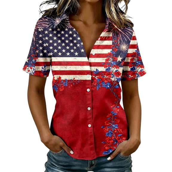 WERYOUNG Patriotic Graphic Blouses For Women Casual Red White & Blue Print Button Down Shirts Summer Short Sleeve Shirt For Independence Day Comfortable Top L