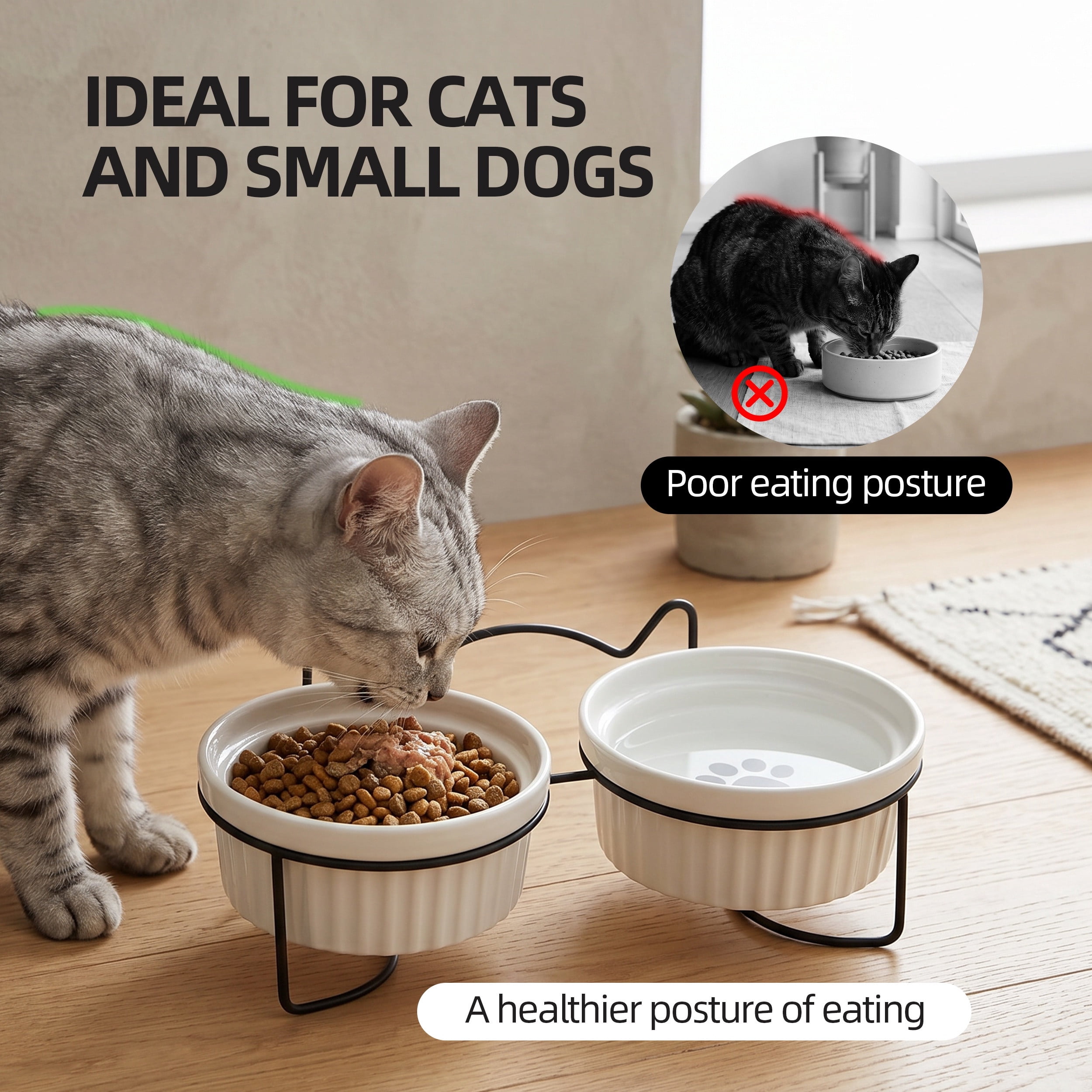 Max & Marlow Ceramic Cat Bowls with Iron Stand, Double Cat Food and Water Bowls Set, Single 300ml