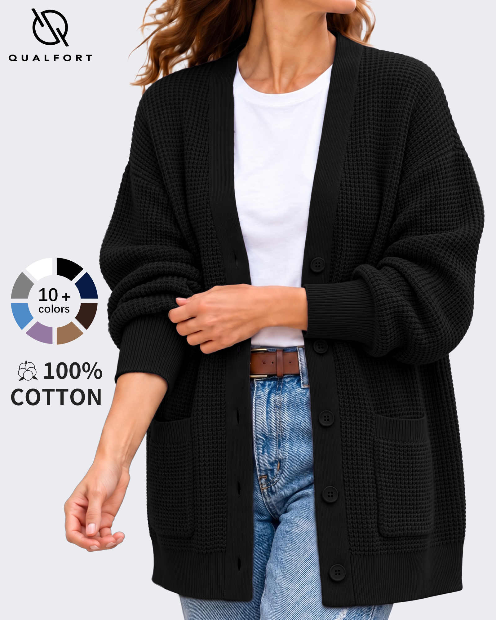 QUALFORT Women's 100% Cotton Oversized Cardigan with Pockets photo 1