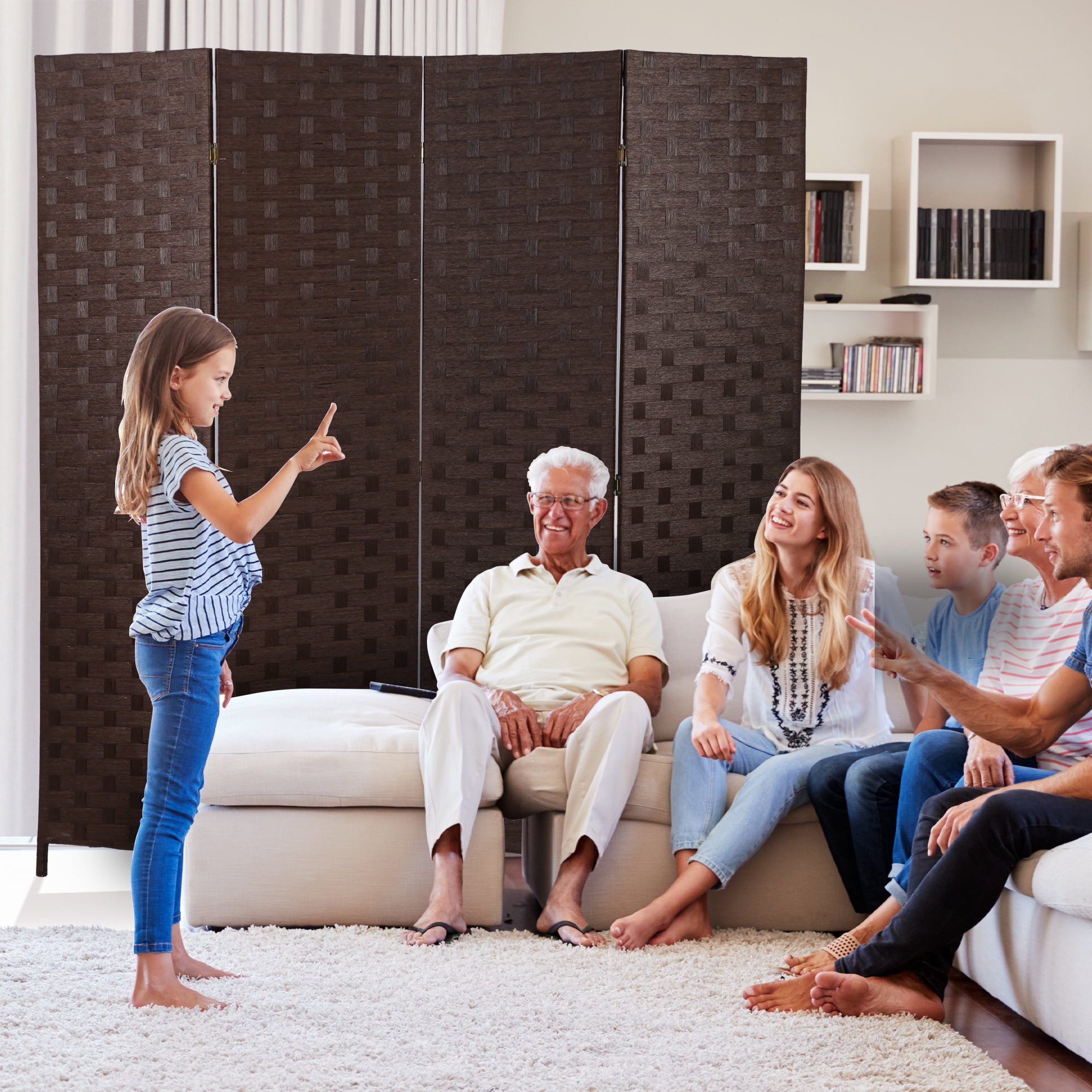 CL.HPAHKL 4 Panels Room Divider and Folding Privacy Screen, 6 ft Tall Wood Mesh Hand-Woven Design Wall Divider, Partition Room Dividers for Home Office Restaurant Bedroom