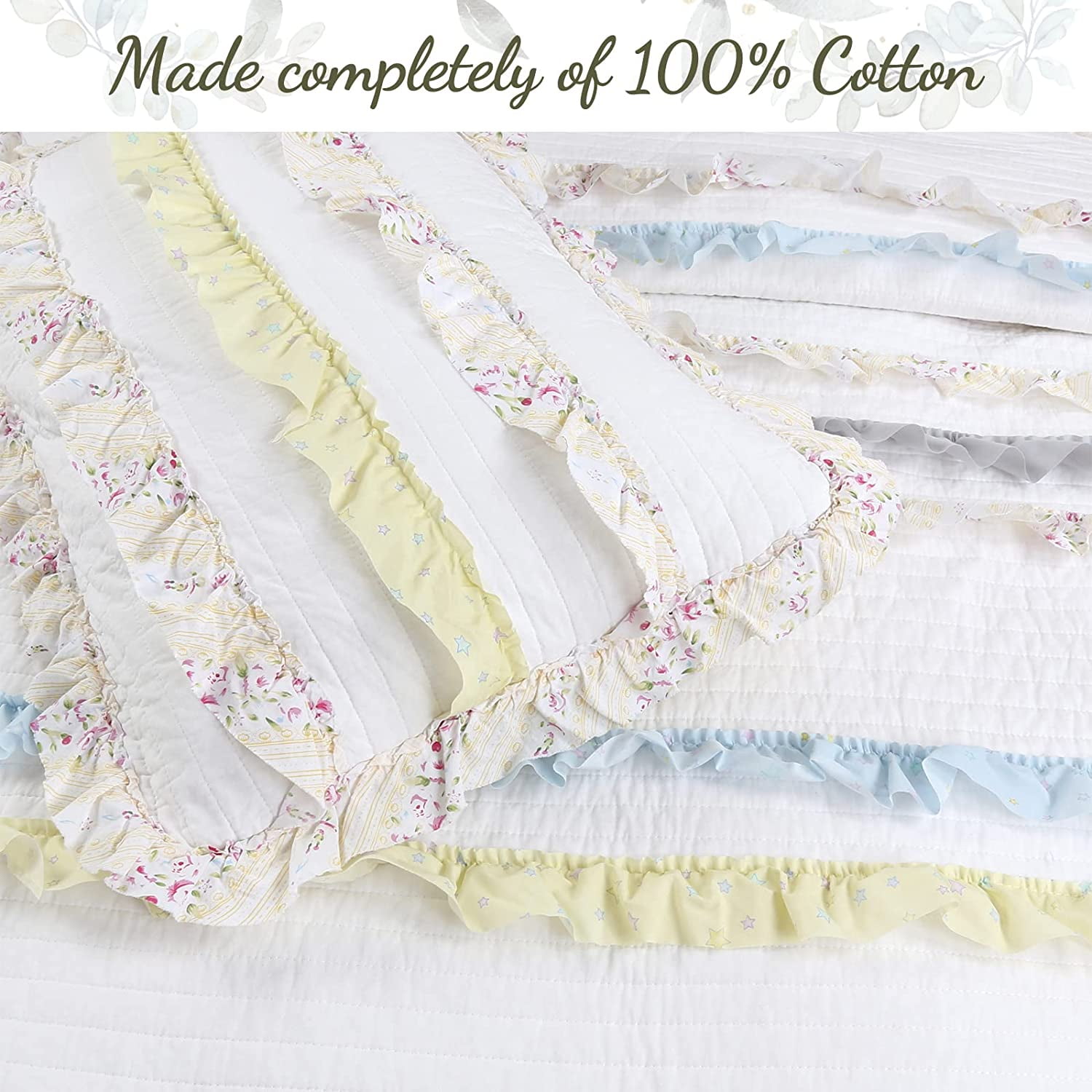Ruffle Floral Blue Yellow Grey Stripe Reversible Cotton Twin Quilt  display picture 1
