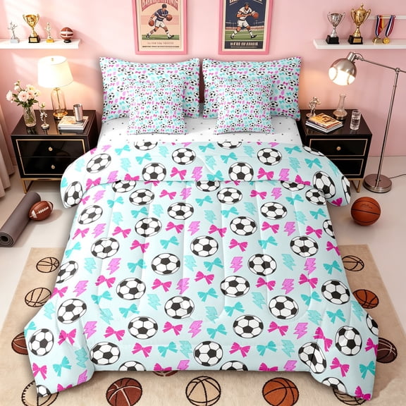 Erosebridal Soccer Print Cartoon Bow Twin Bedding Sets 7-Piece for Boys Girls,Kids Teens Pink Teal Lightning Bedding Comforter Set,Breathable Home Decor