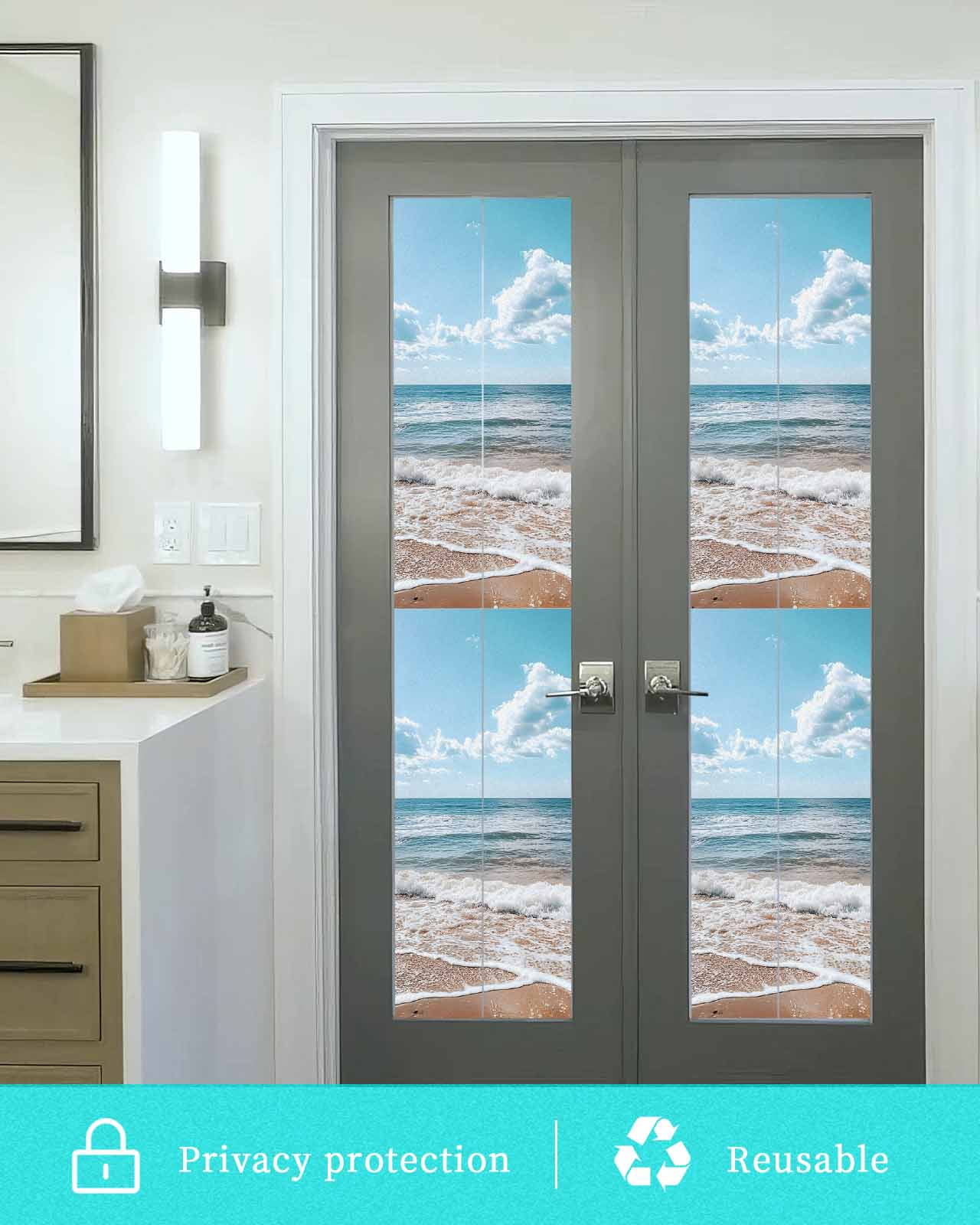 Window Privacy Film Ocean Stained Glass Window Film Decorative Sun Block Window Cover Summer Sandy Beach Blue Sky Coastal Waves Window Clings Static Adhesive Sticker for Bathroom 29.5"x118"