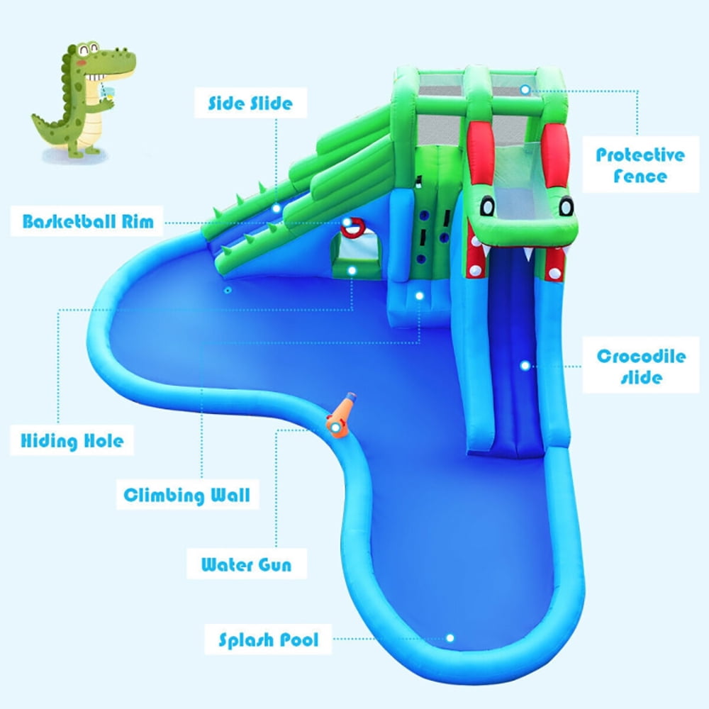 Aimee Lii Inflatable Water Park Crocodile Bouncer Dual Slide Climbing Wall without Blower, Bounce House Water Slide for Kids 5-10
