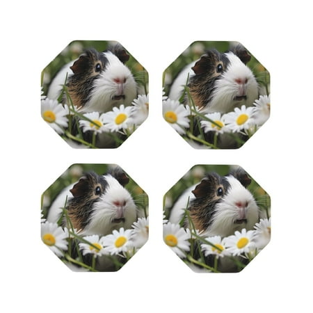 

Fuzoiu Daisy Guinea Pig Print Leather Coasters Set Drink Coasters Set of 4 for Tabletop Protection Durable PVC Coasters Home Décor and Housewarming Gift-Octagon