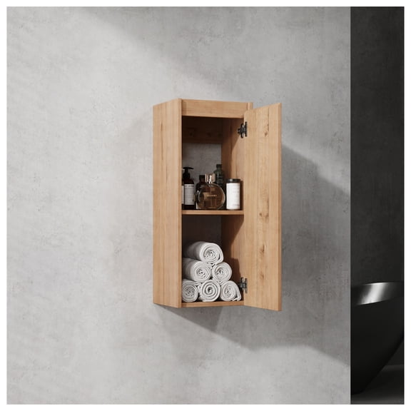 12" Bathroom Side Cabinet,Soft Close Doors,Float Mounting Design,(KD-Packing) + Imitative Oak + 1 + Bathroom + Wall Mounted + Modern + Plywood + Plywood
