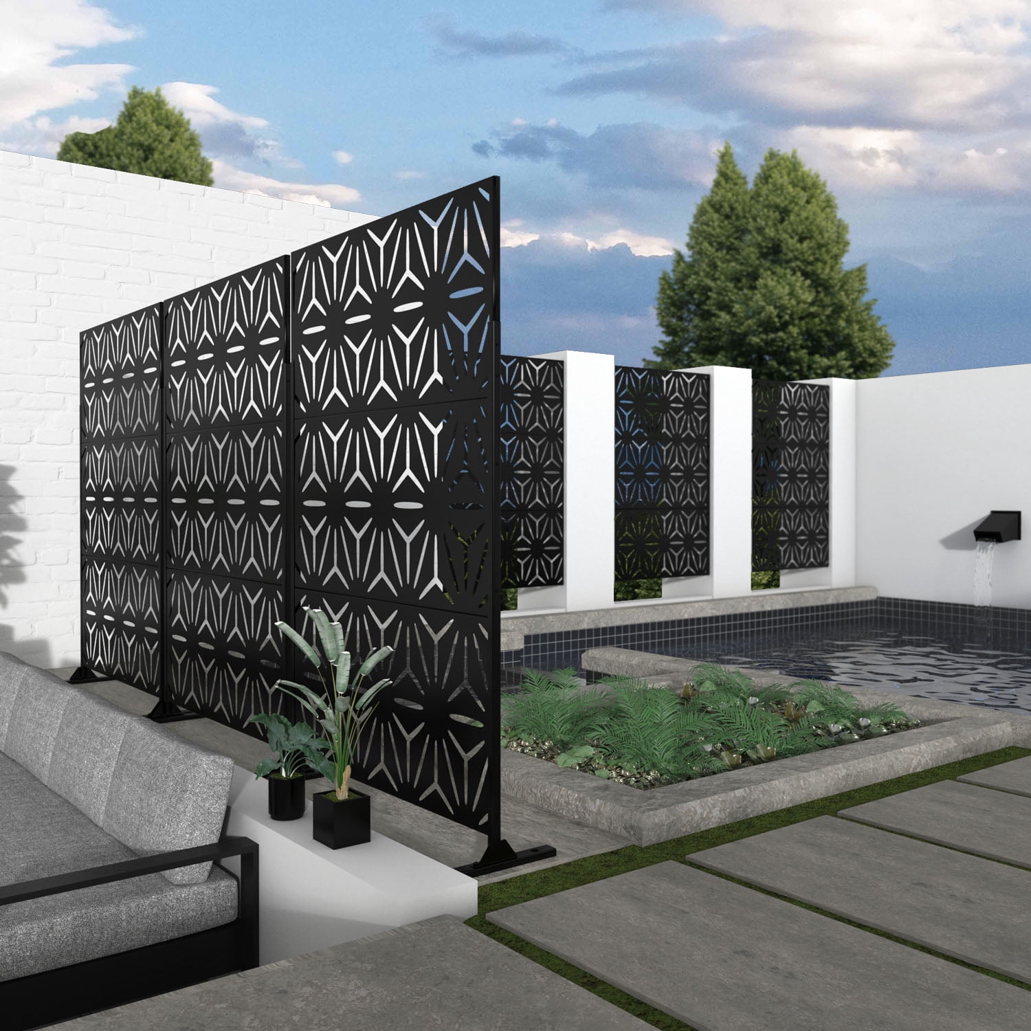 MAYEERTY 72×47" Outdoor Black Metal Privacy Panel Screen for Backyard & Garden, Geometric Starburst Pattern