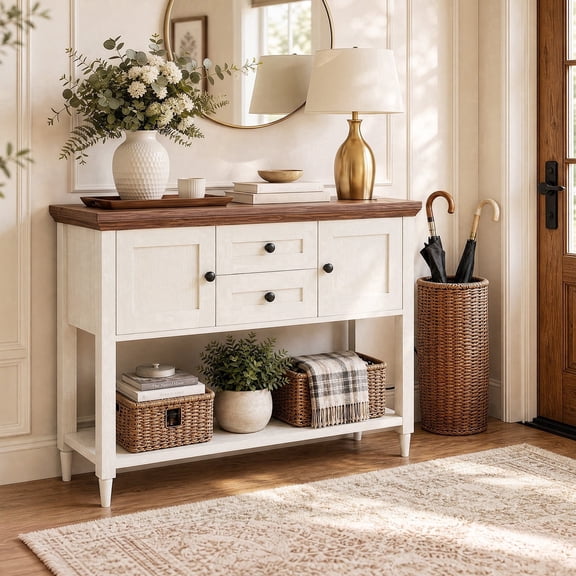 Homieasy 41.7'' Farmhouse Console Table with Charging Station, Narrow Sofa Table with 2 Drawers, Doors and Open Shelf, for Entryway, Living Room, Hallway, Off White & Walnut
