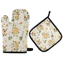 Yayeee Oven Mitts and Pot Holder Set of 2 Heat Resistant Kitchen Gloves Baking Hot Pad, Birds Sunflowers