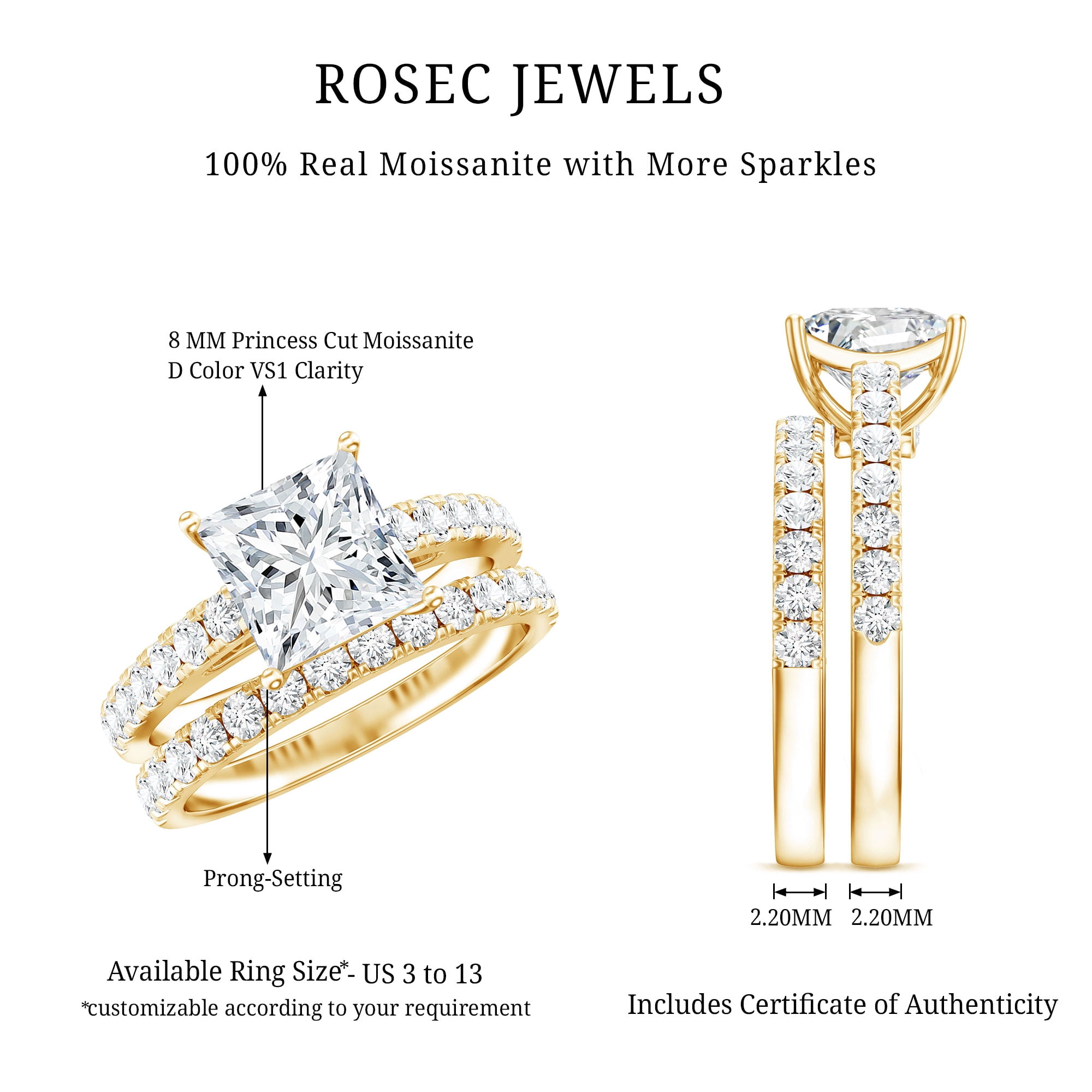 Rosec Jewels Certified Moissanite Princess Cut Wedding Ring Set for Women (8 mm, D-VS1 Quality) - 3 Carat Engagement Ring with Band, 14K Yellow Gold, US 10.00