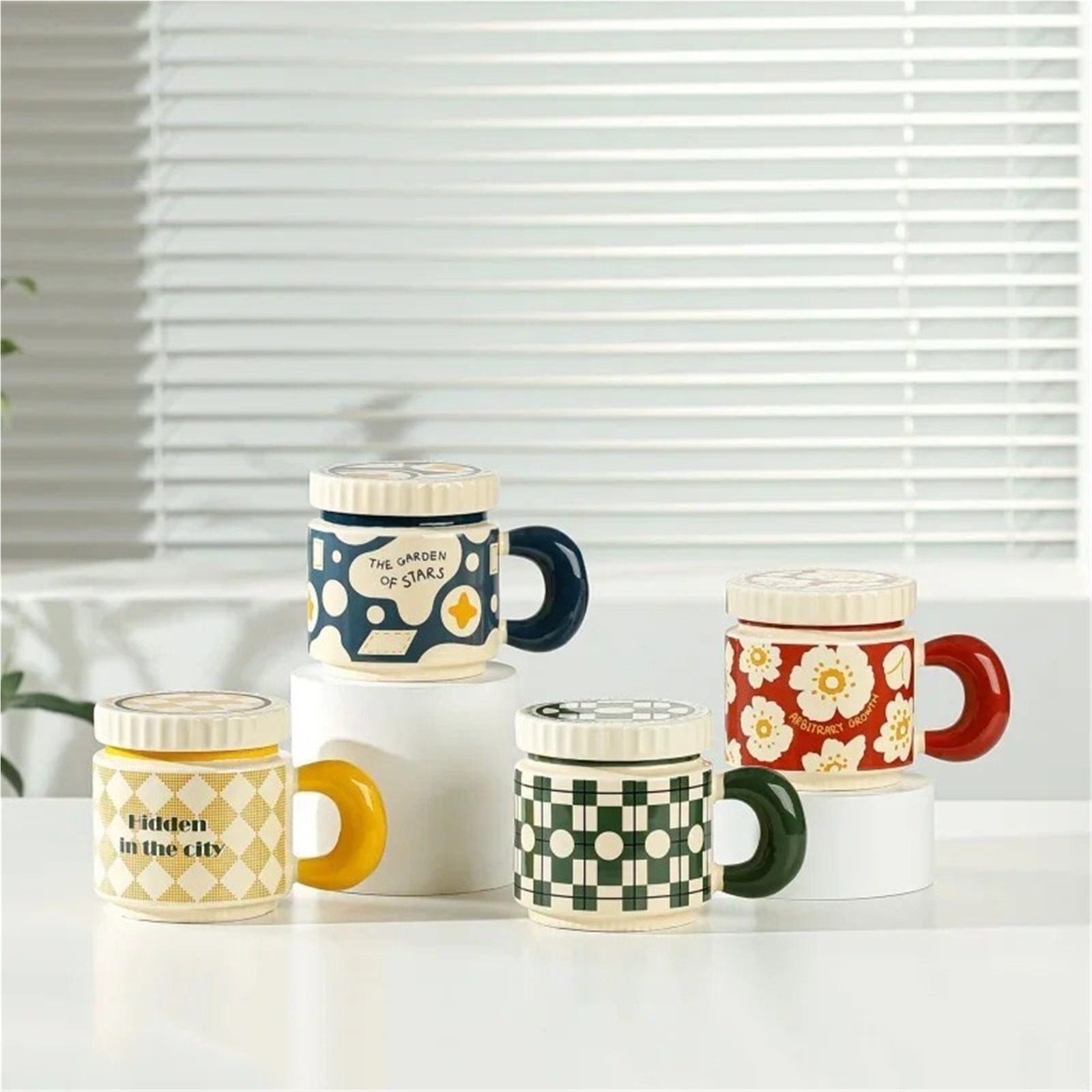 Espresso cup 400ML Ceramic Mug Checkerboard Flower Pattern Coffee Cup With