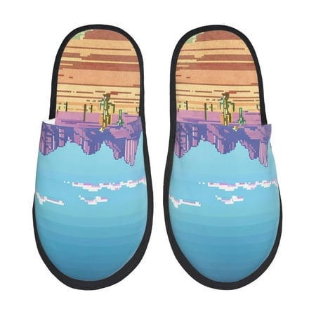 Balery Pixel Desert Landscape Slient Indoor Furry Fleece Comfort House Shoes Soft Non-Slip Home Shoes Cotton slippers House Slippers-- Medium