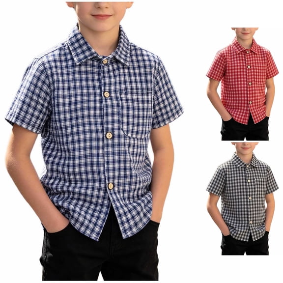 Asxite Toddler Boys Shirts Plaid Print Short Sleeve Turn Down Collar Casual Summer Tops 1-12Y