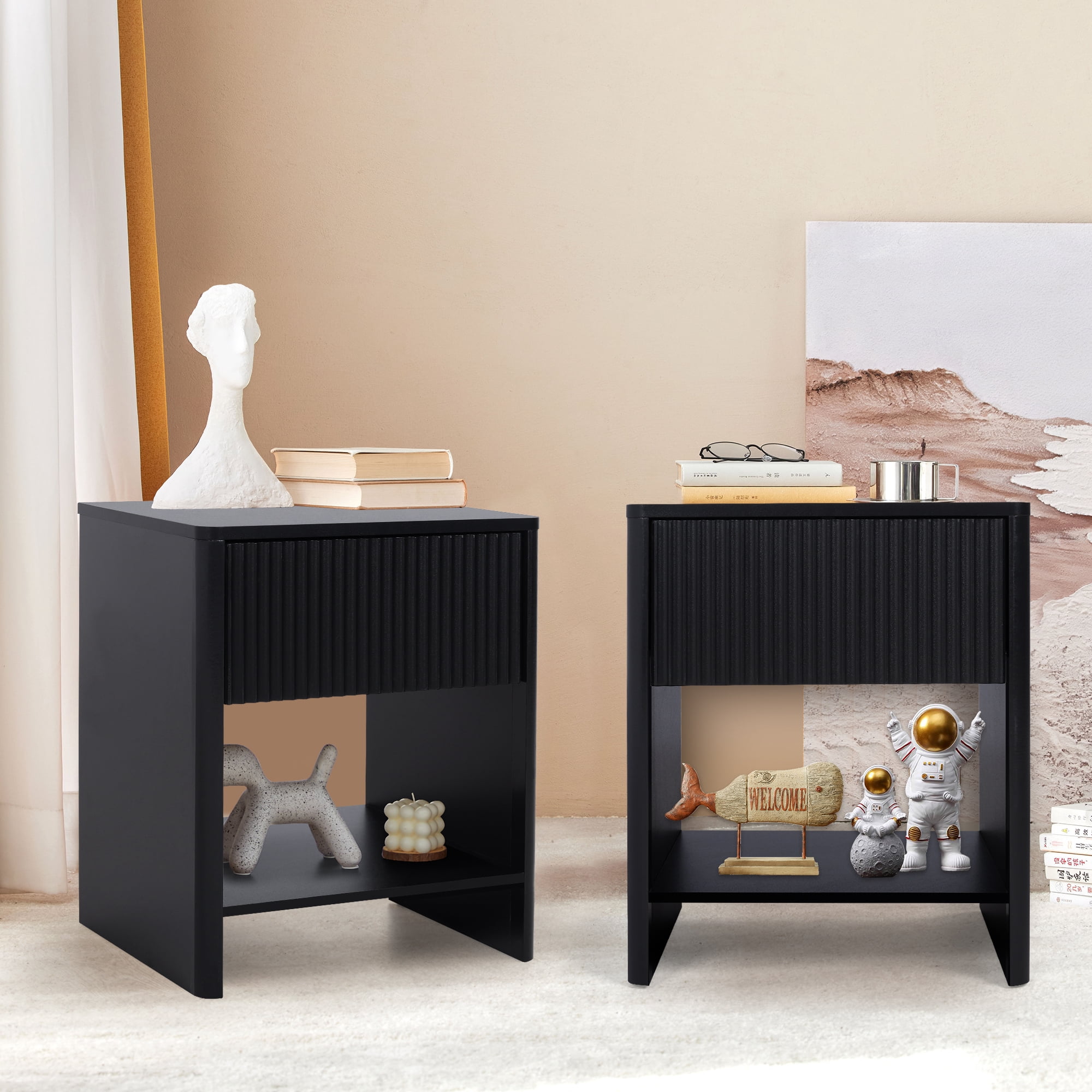 Weselon Modern Fluted Nightstand Set of 2, Curved Side Bedside Table with Drawer and Open Shelf for Bedroom, Black