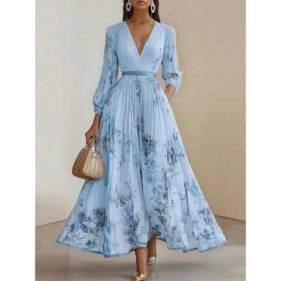 Blue Floral Print Lantern-Sleeve Ruched V-Neck Maxi Dress With Belted Waist
