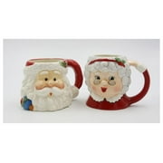 Fine Ceramic Christmas Holidays Mr. & Mrs. Santa Claus Mugs Set of 2 (2 Pieces Set), 5-3/4' L, White, Grey, Red